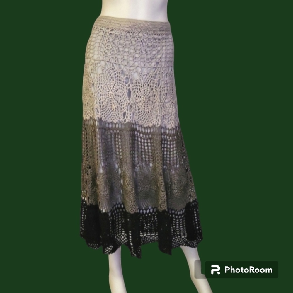 Vtg 1990s Floral Open Crochet Color Block Midi Gypsy Boho Skirt